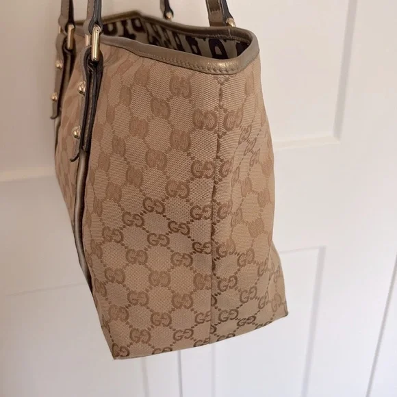 EUC [Gucci] Authenticated Monogram Canvas Jolicoeur Tote Handbag Beige w/ Gold - Picture 8 of 16